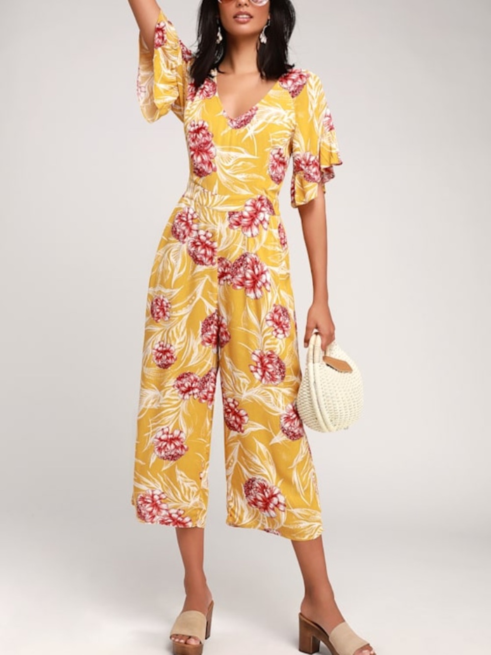 Lulus Garden's Glory Mustard Yellow Floral Print Culotte Jumpsuit - Size XS